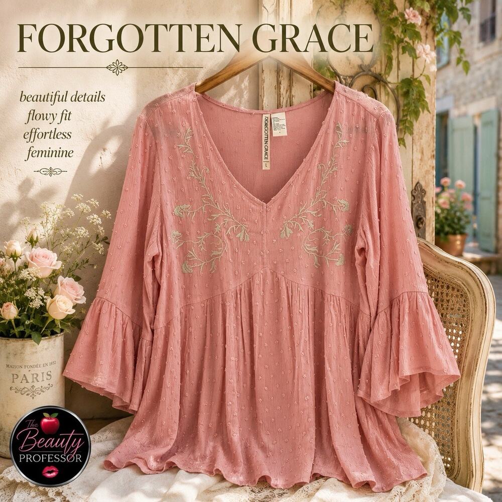 💞 Forgotten Grace L Dusty Rose Embroidered Swiss Dot Bell Sleeve Boho Blouse